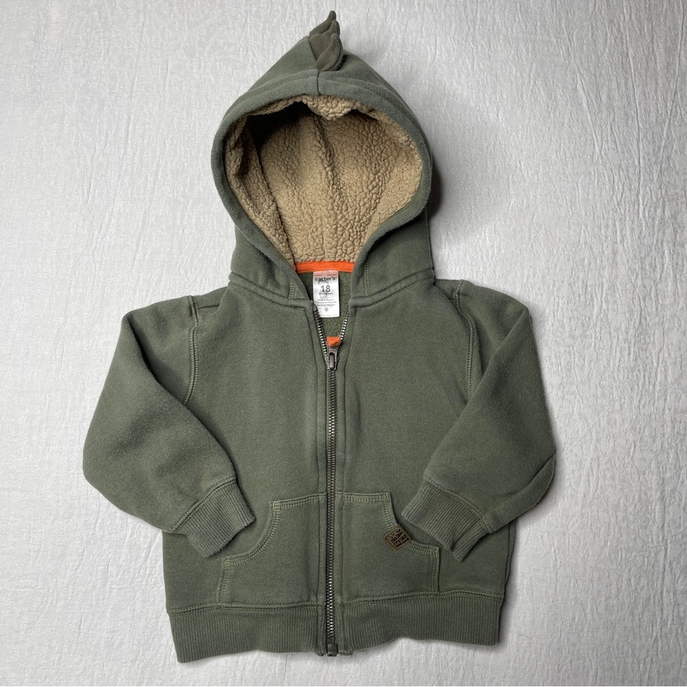 Carter's T-Rex Dino Olive Green Sherpa Lined Full Zip Hoodie 18 Months